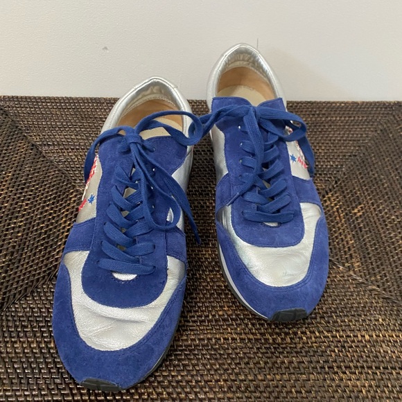 Tory Burch Blue‎ and Silver Sneakers Brielle Size 9 Leather Lace embroidery - Picture 2 of 10